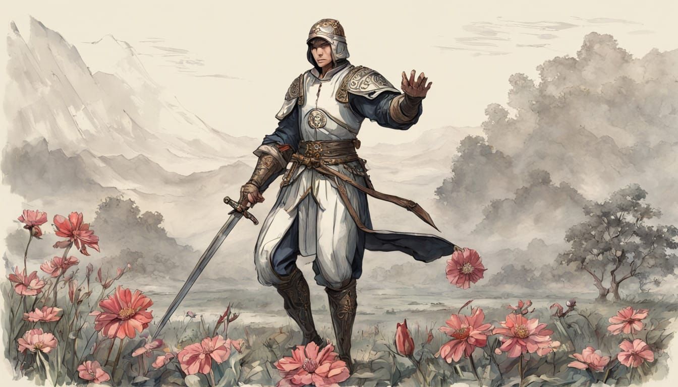 A Warrior Lost in Thought Amidst Blooming Flowers