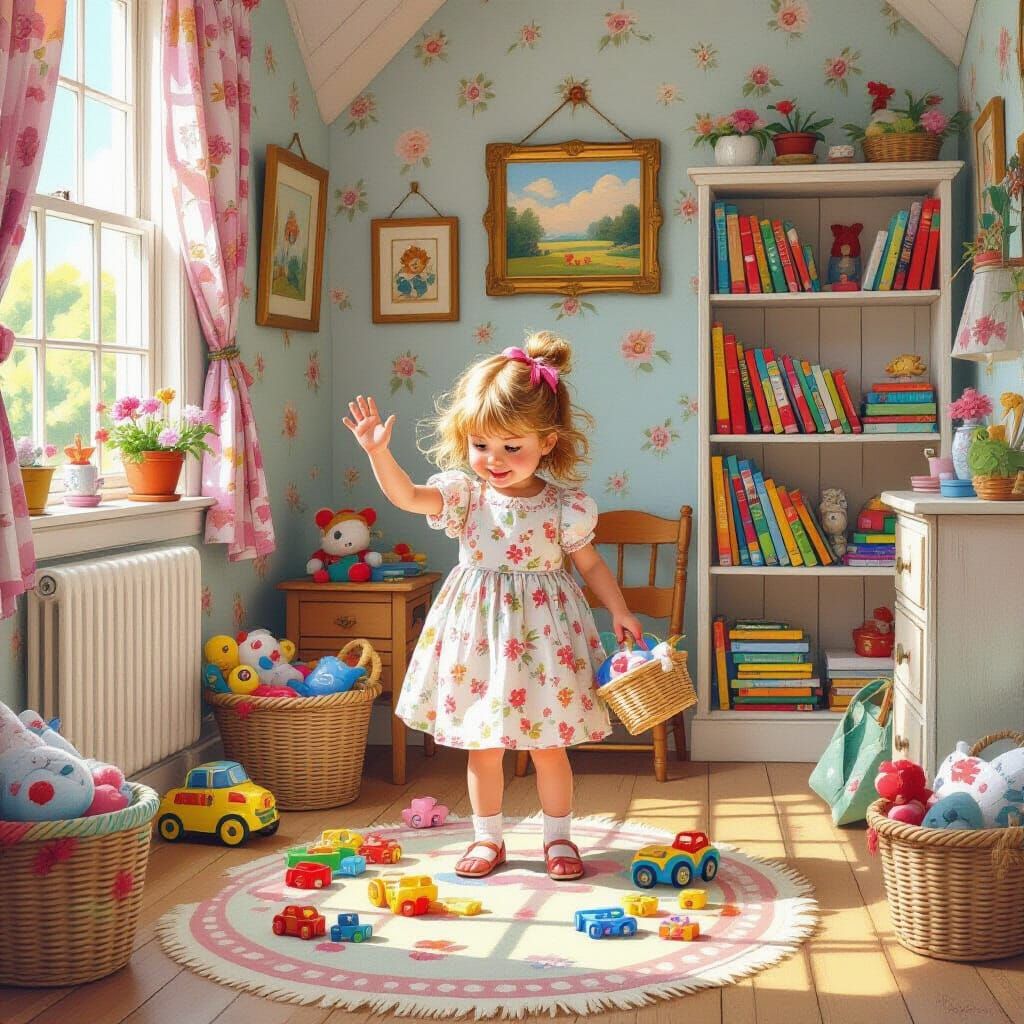 Whimsical Scene of Girl Tidying Toys, Inspired by Classic Il...