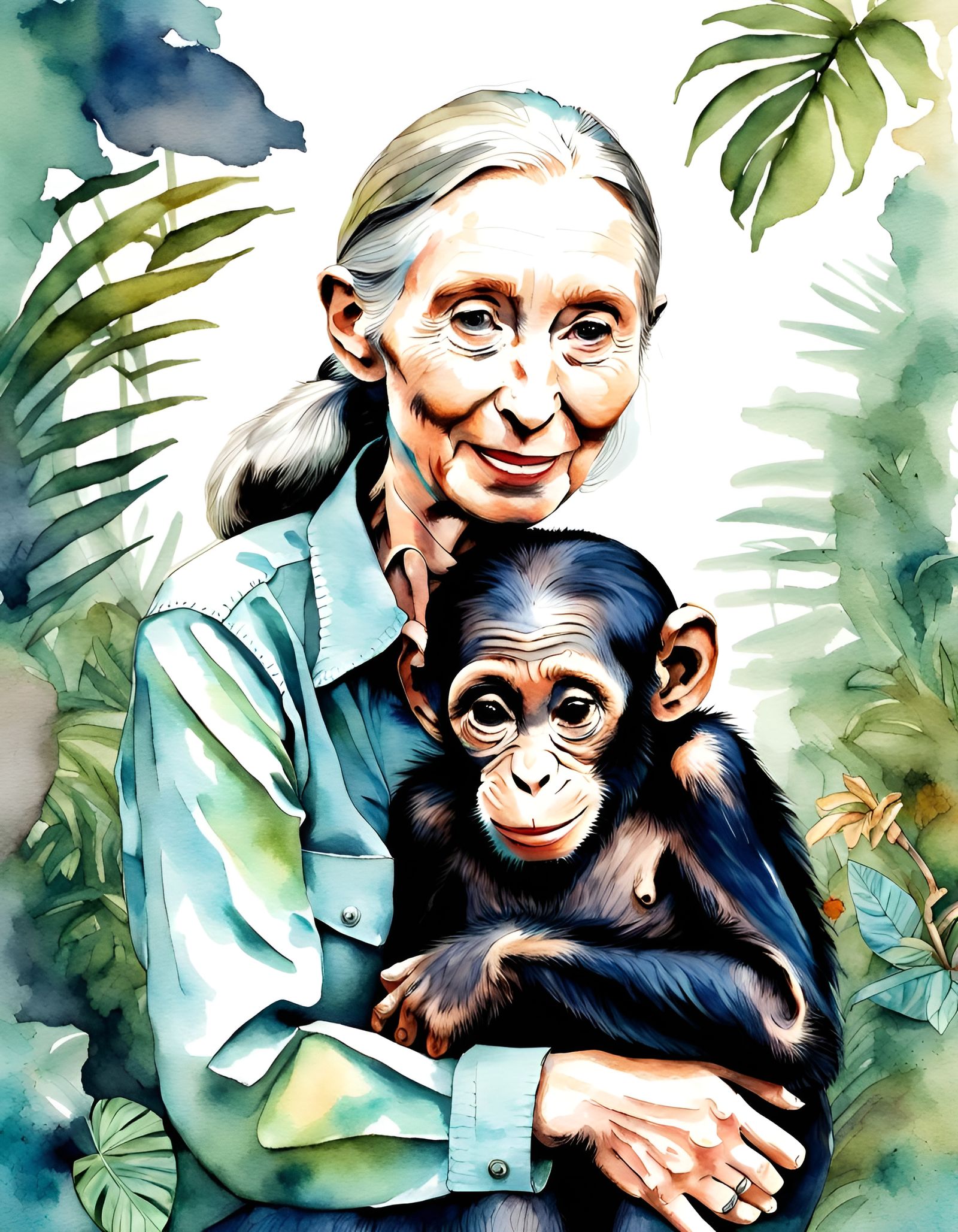 Jane Goodall Portrait with Chimp in Watercolor
