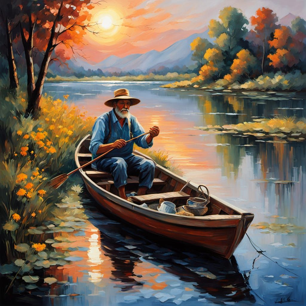 Peasant Fisherman Catches Leaping Catfish at Sunrise