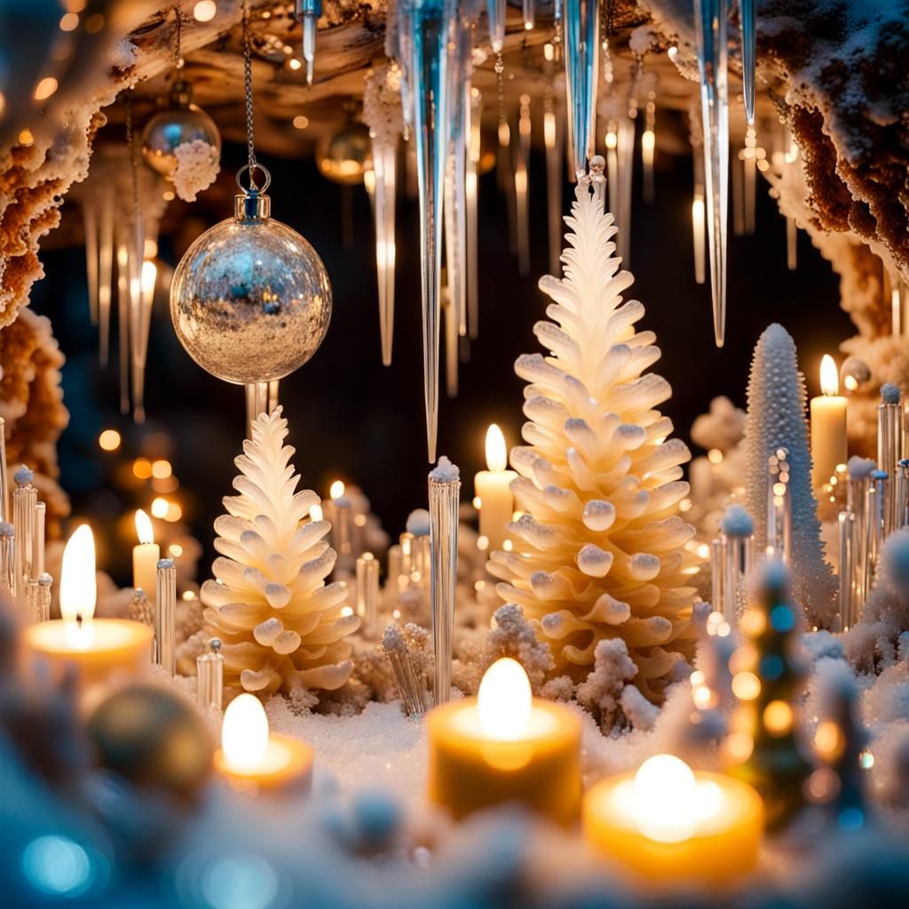 Enchanted Winter Crystal Cave with Christmas Stalactites