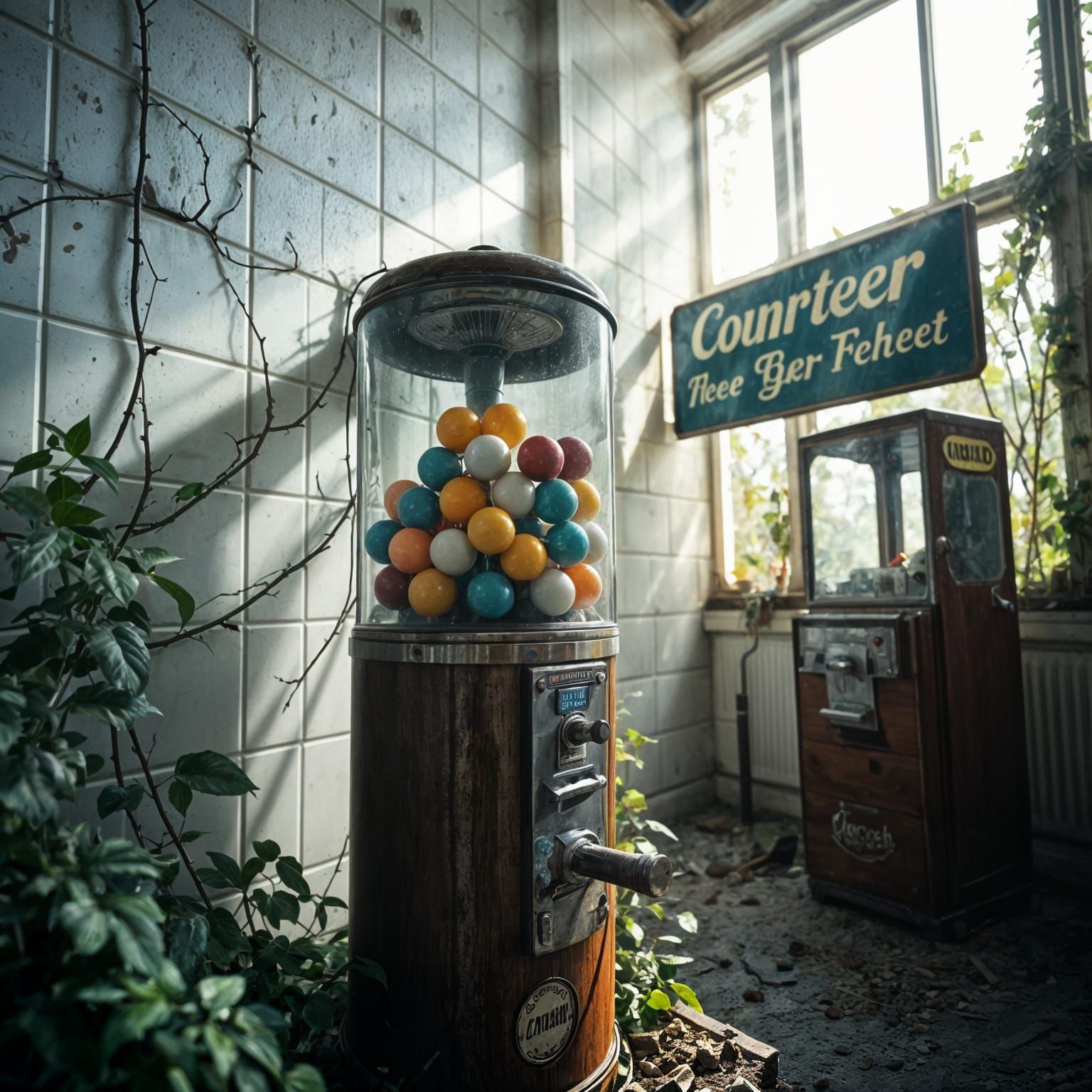 Abandoned Gumball Machine in Post-Apocalyptic Ruins