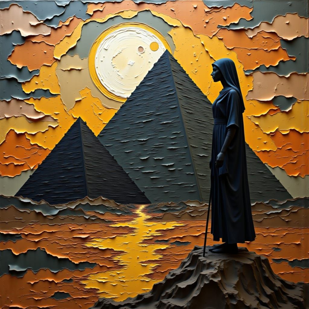 Egyptian High Priestess with Pyramids in Papercut Style