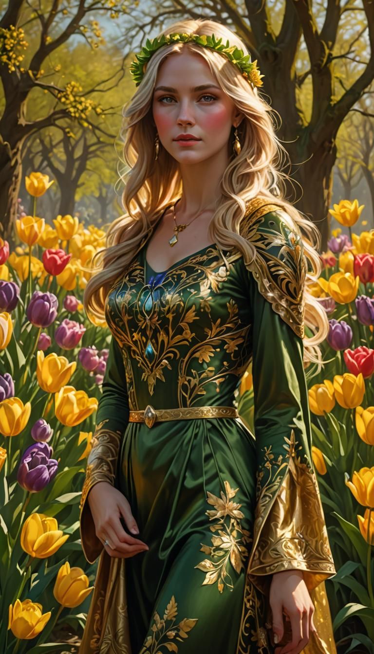 Goddess Ostara in Spring Landscape, Art Nouveau Style