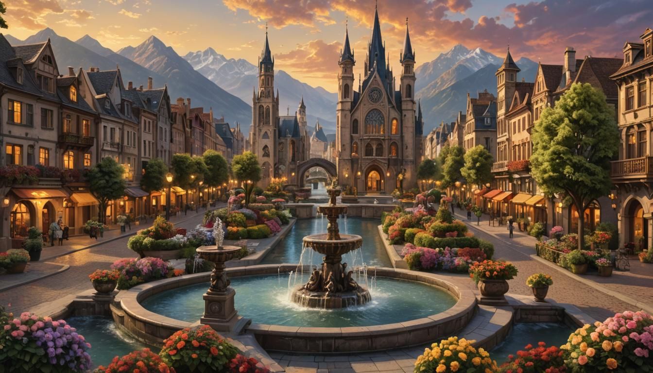 Fantastical Gothic Cityscape with Golden Sky