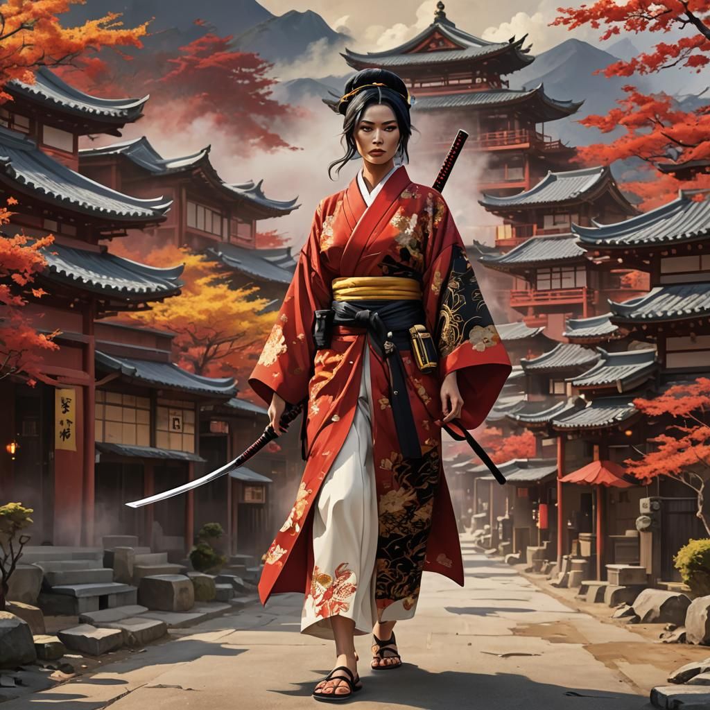 Muslim Woman in Kimono with Katana: Digital Matte Painting