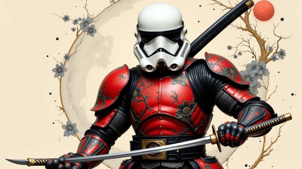 Abstract Samurai Mecha with Katana in Floral Armor