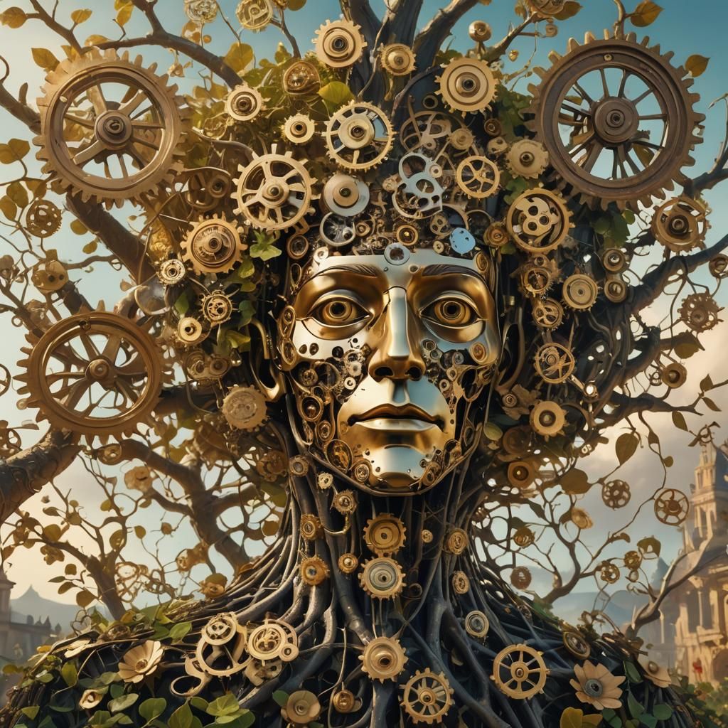 Surreal Clockwork Tree with Human Faces