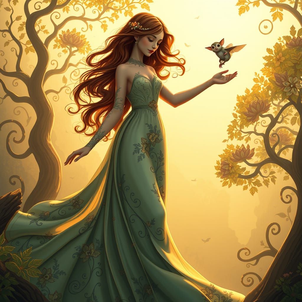 Effortless Art Nouveau Goddess with Sugar Gliders in Dreamli...