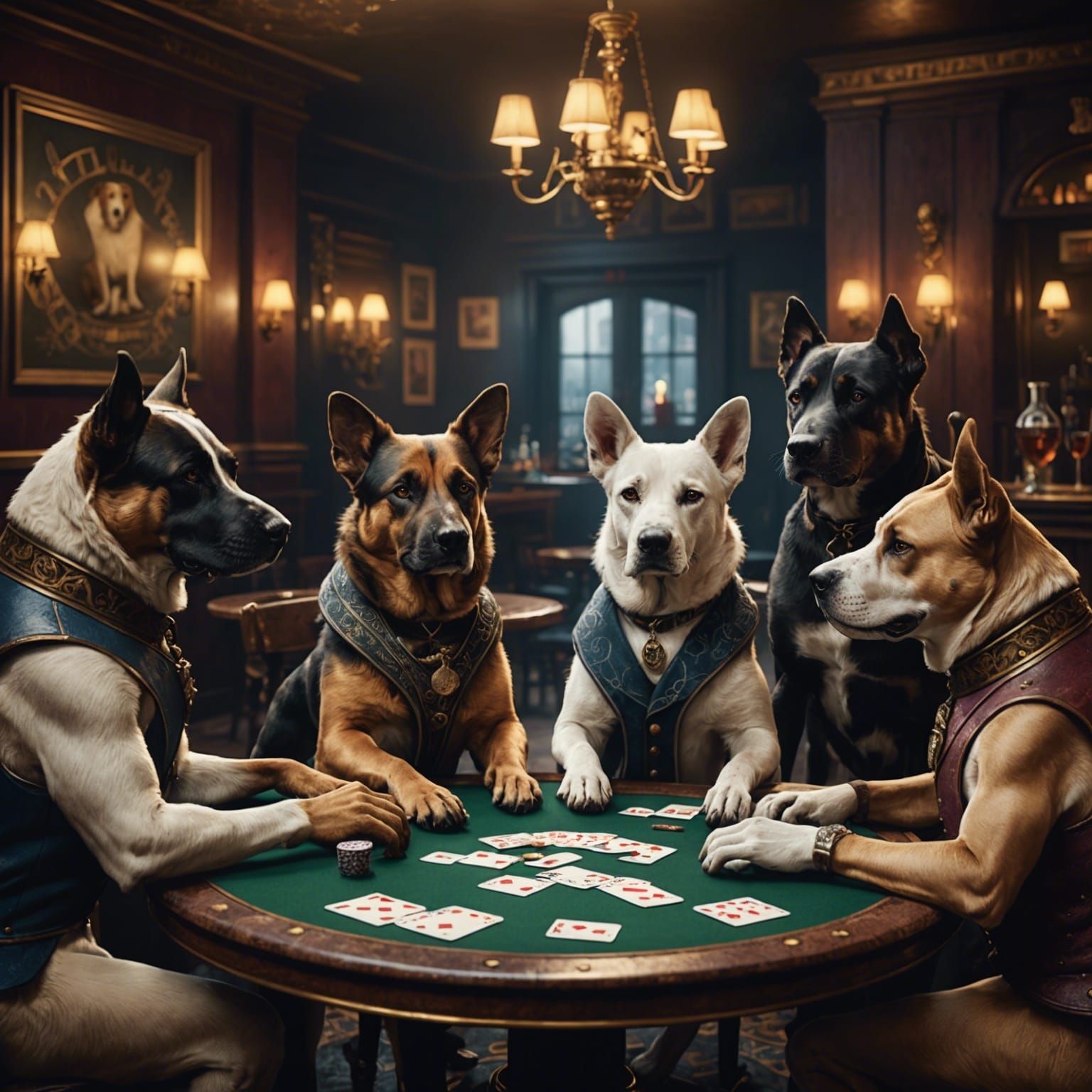 Dogs Playing Poker in a Bar, Detailed Matte Painting