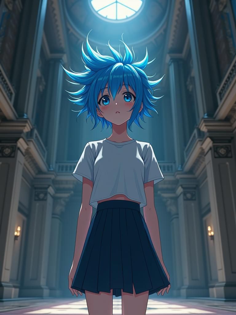 Anime Girl with Electric Blue Hair in Grand Hall