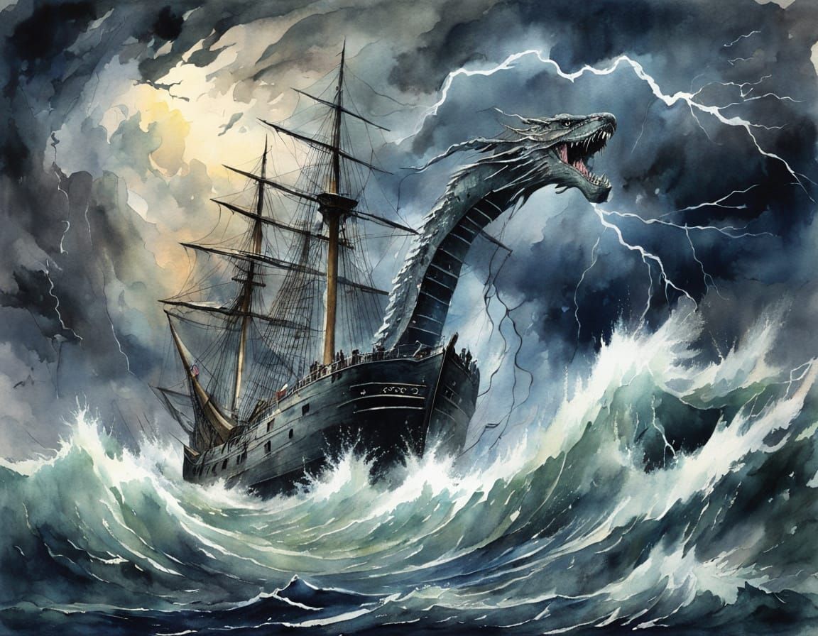 Massive Sea Serpent Emerges from Stormy Waters