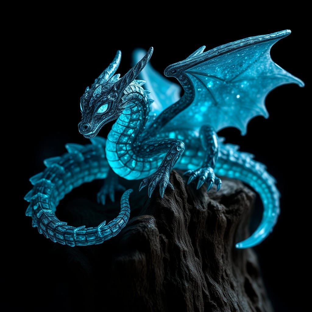 Bioluminescent Crystal Dragon Sculpture on Tree Stump