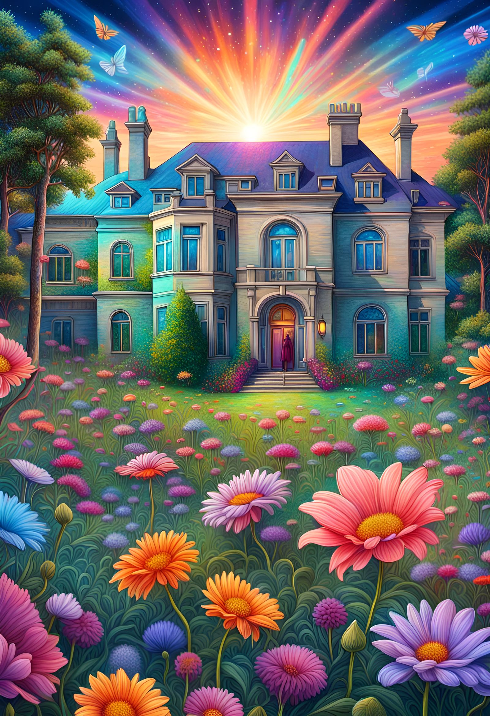 Cosmic Flower Meadow Scene with Gleaming Mansion