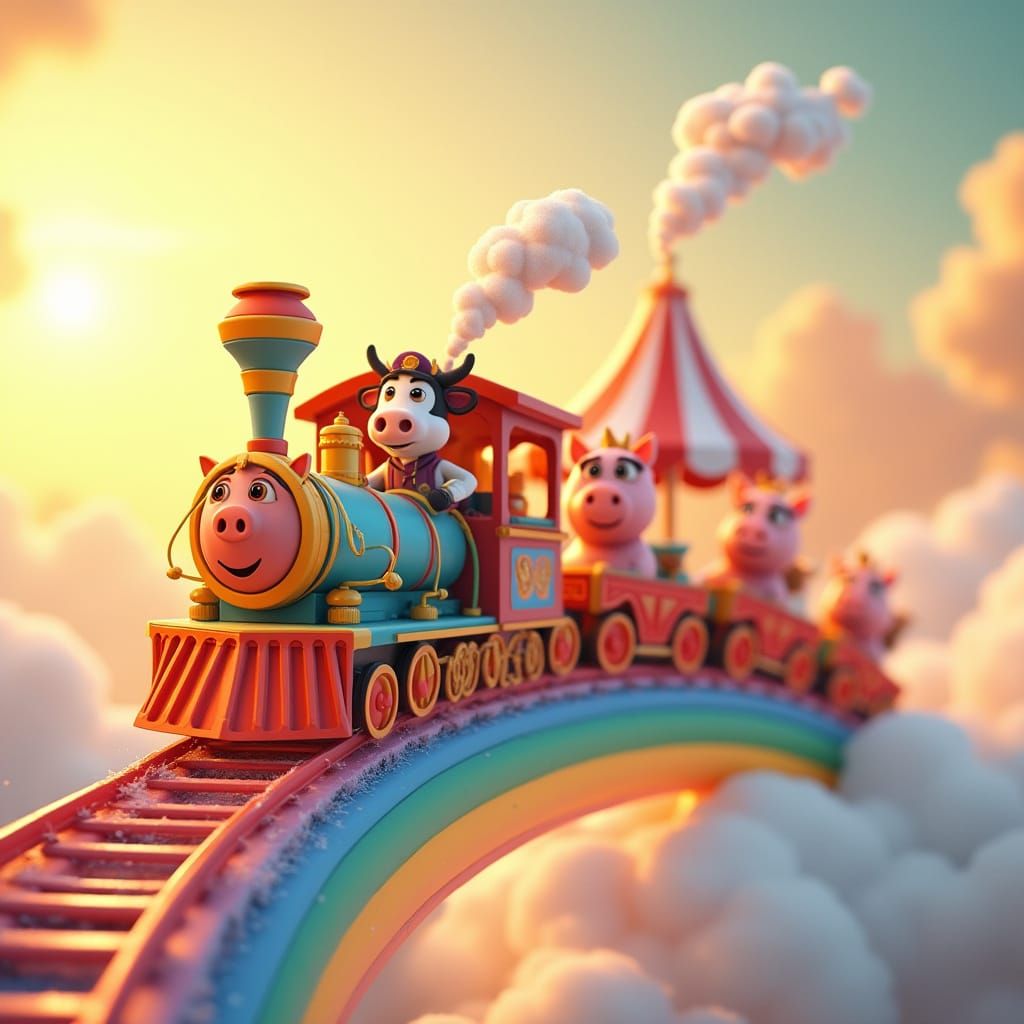 Whimsical Circus Train Soars Through Rainbow Skies