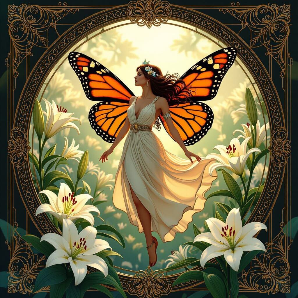 Summer Fairy with Butterfly Wings in Art Deco Frame