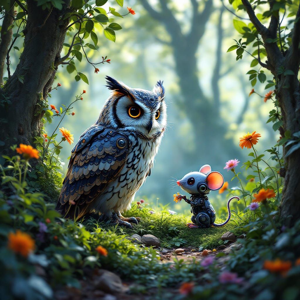 Whimsical Forest Owl Plays with Retro Robot Mouse