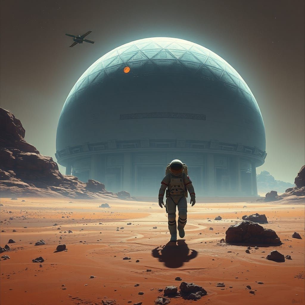 Astronaut Exploring Mars Landscape Under a Geodesic Dome Spa...