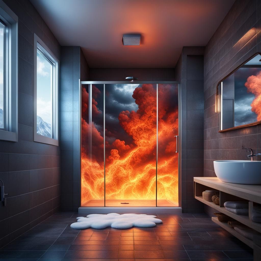 Frozen Fire Clouds in Shower Stall: Digital Art
