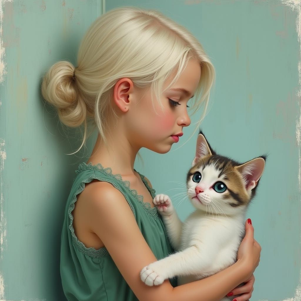 Girl with Kitten in Realistic Painting Style
