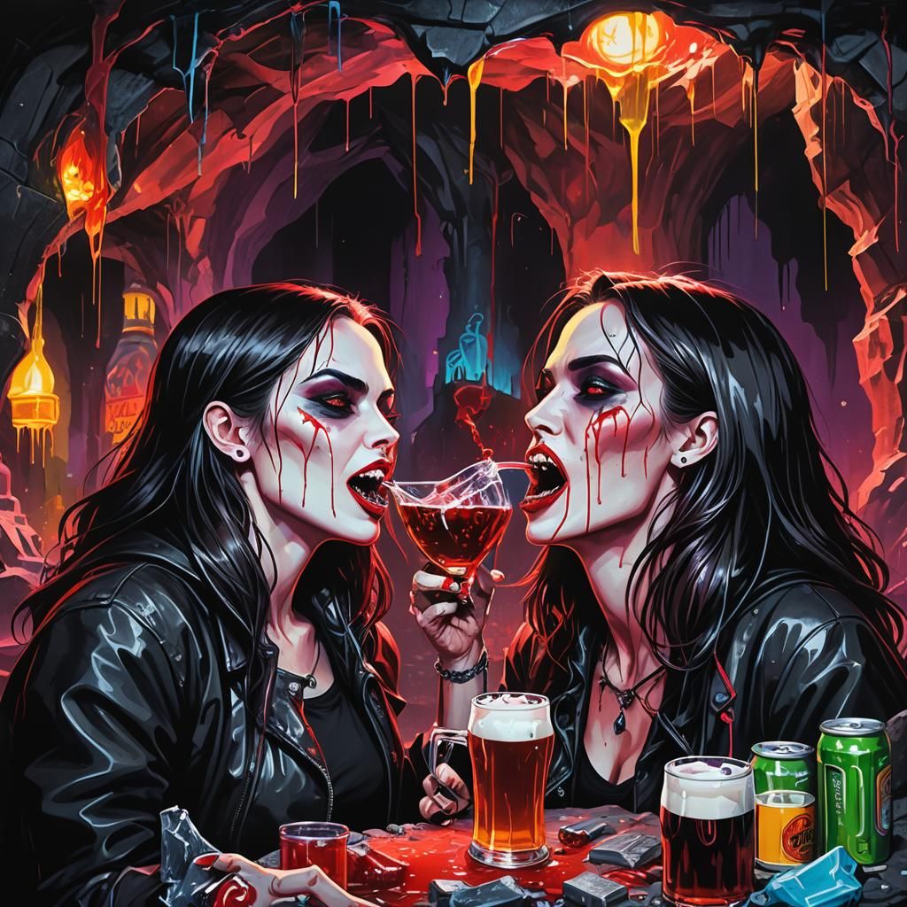 Female Vampires Kissing in Neon Cave: Graffiti Art