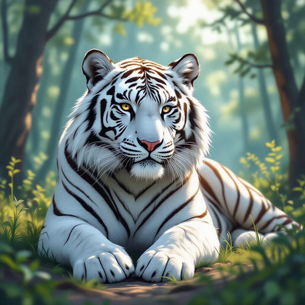Majestic White Tiger in Forest Landscape