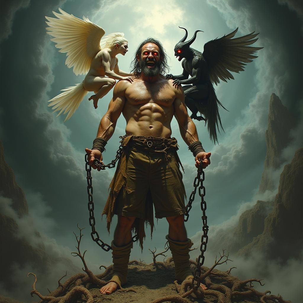 Surreal Struggle: Man Caught Between Angel and Demon