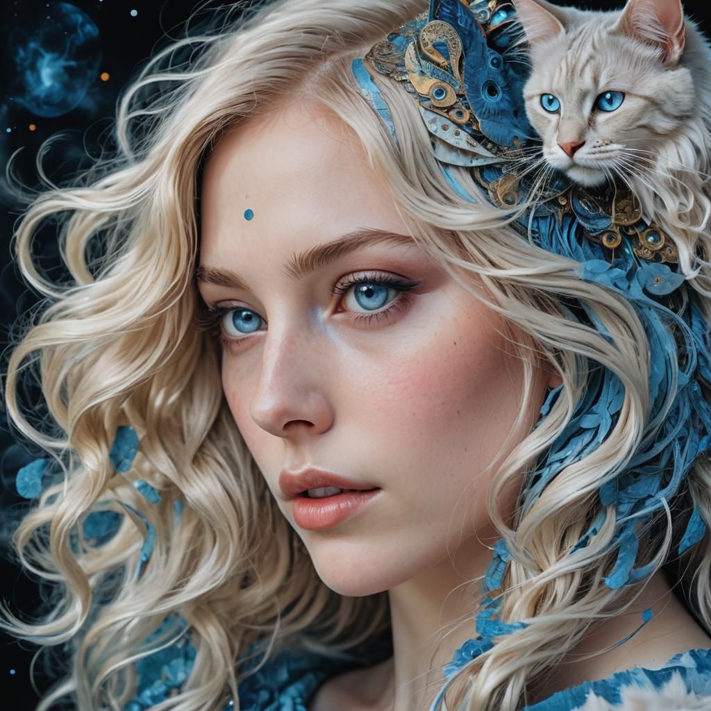 Surreal Woman Portrait with Cat Fur Hair in Digital Art