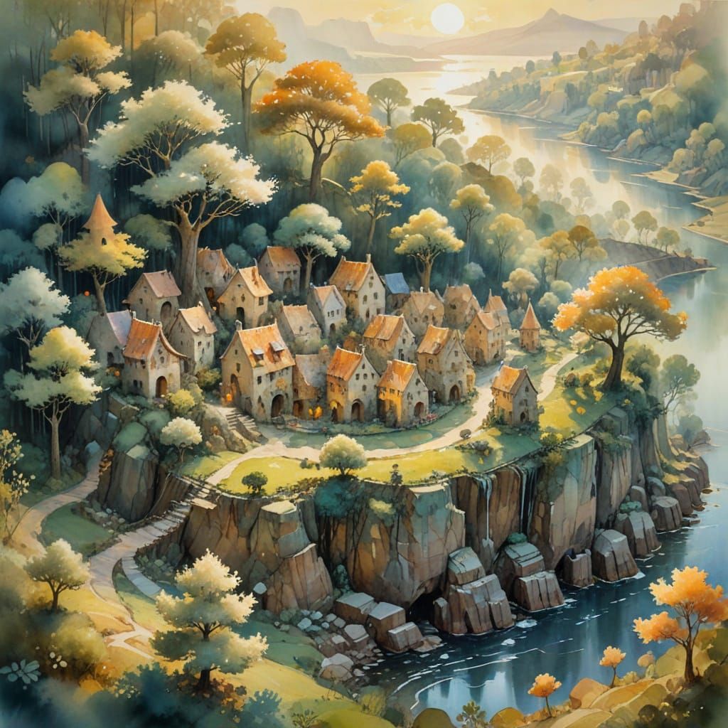 Elf Village in Watercolor, Whimsical Style