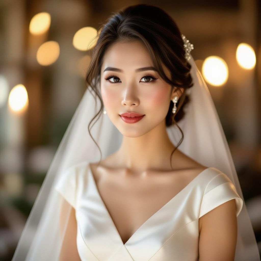 Asian woman in her 30's in a satin wedding gown. More like a...