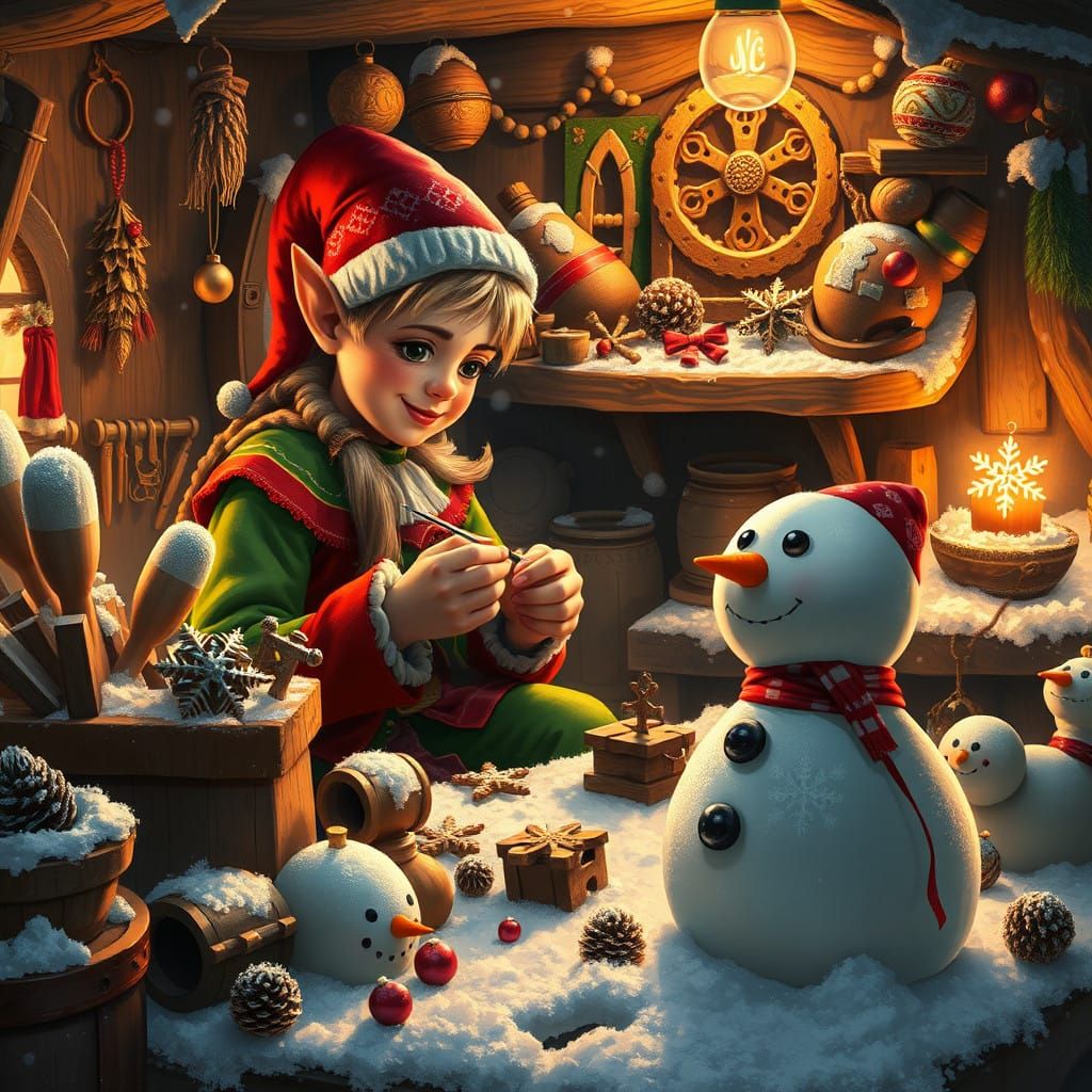 Magical Christmas Elf Crafting Festive Decorations in Cozy W...