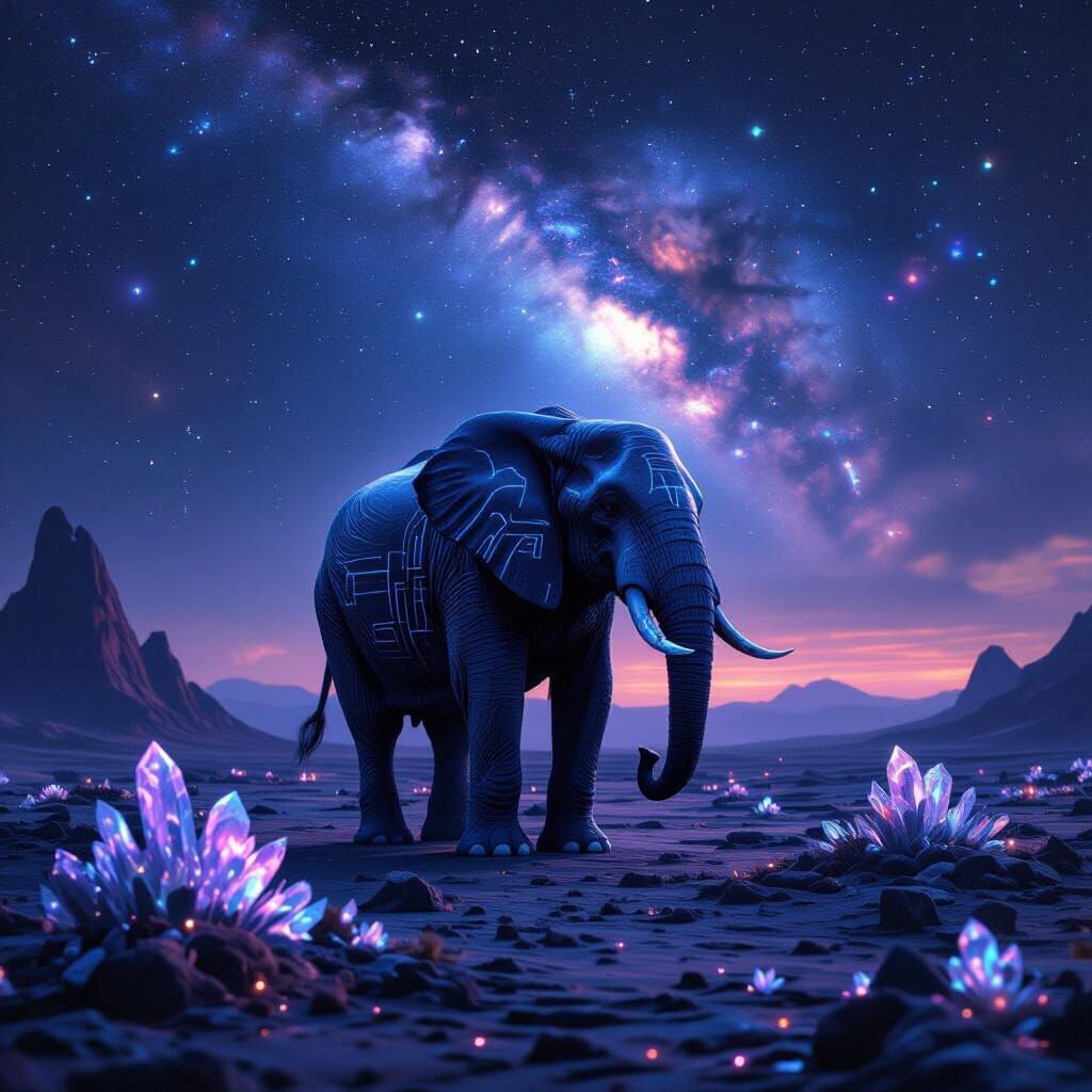 Majestic Elephant on Alien Planet with Bioluminescent Circui...