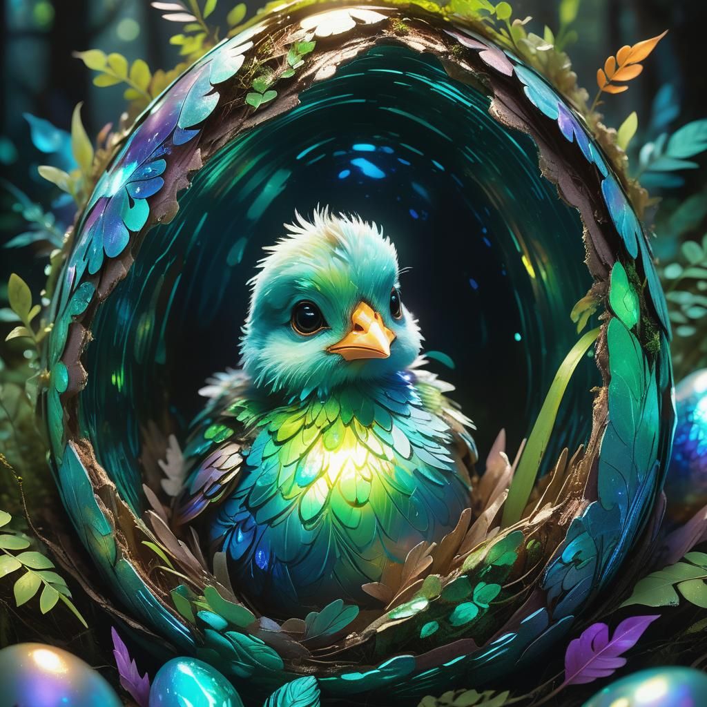 Fantasy Chick Emerges in Bioluminescent Forest