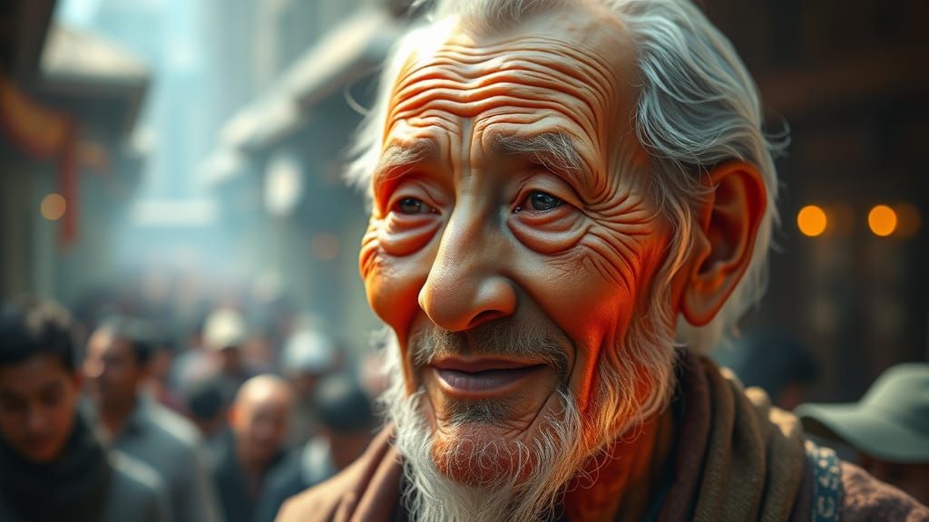 Translucent Elder with Sad Eyes in Cosmic Illustration