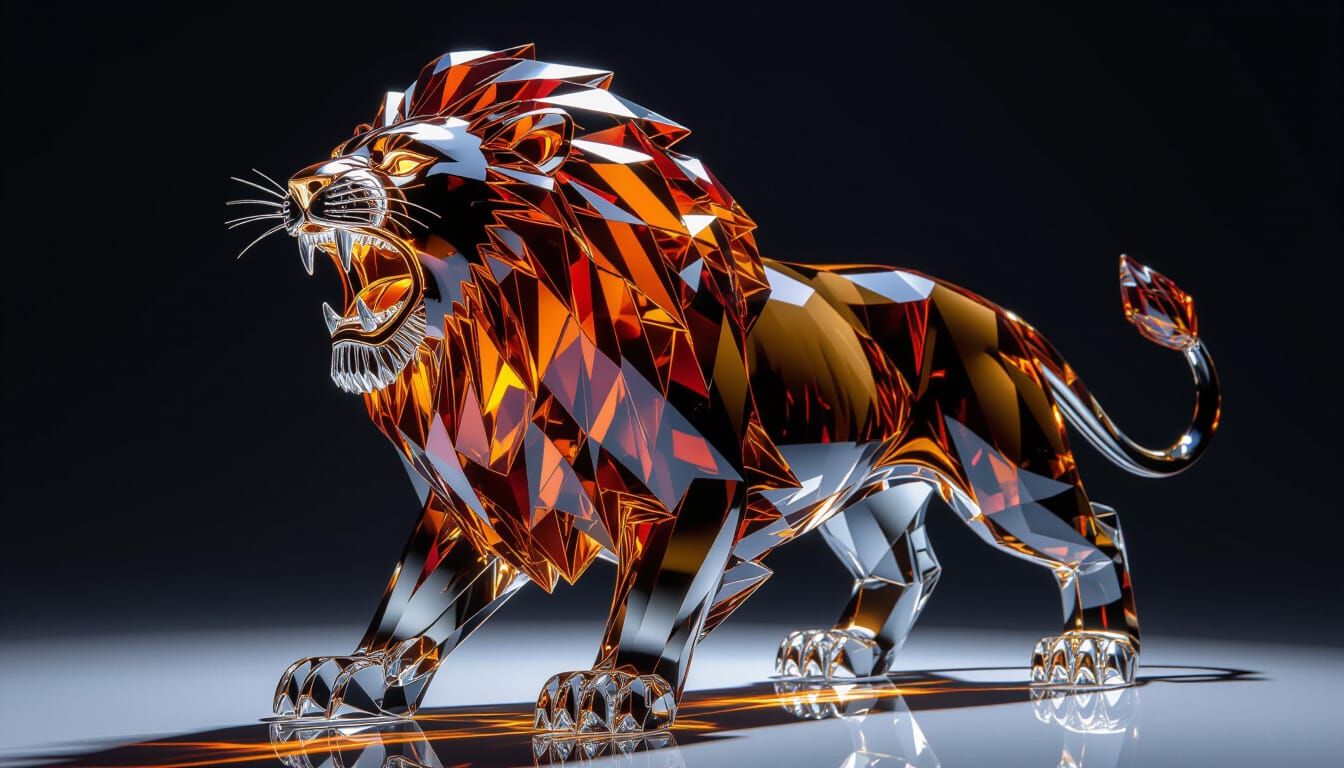 Crystal Lion Sculpture Roaring with Fiery Detail