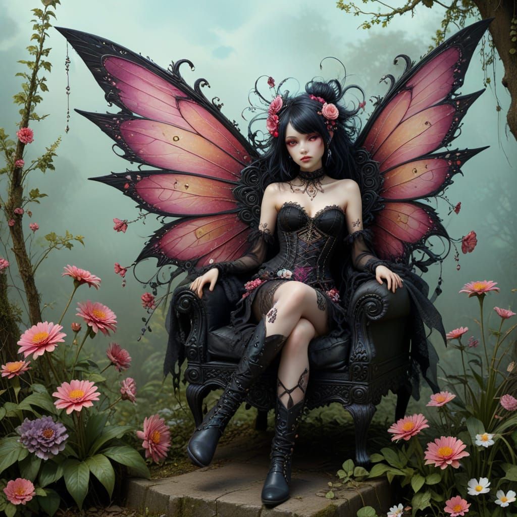 whimsical  beautiful punk goth pixie with black and pink filigree wings, dressed in long diaphanous gothic bohemian rags...