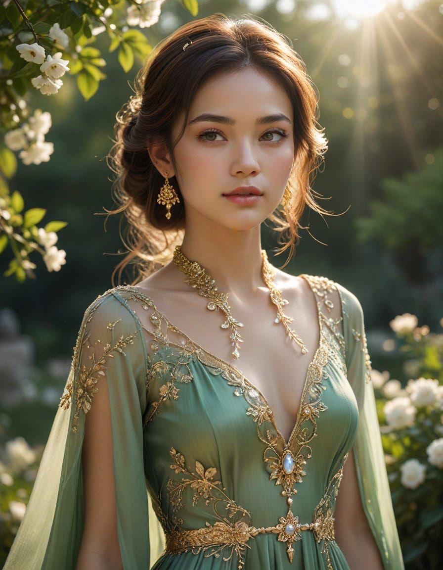 Radiant Woman in Green Silk Gown: Hyper-Realistic Portrait