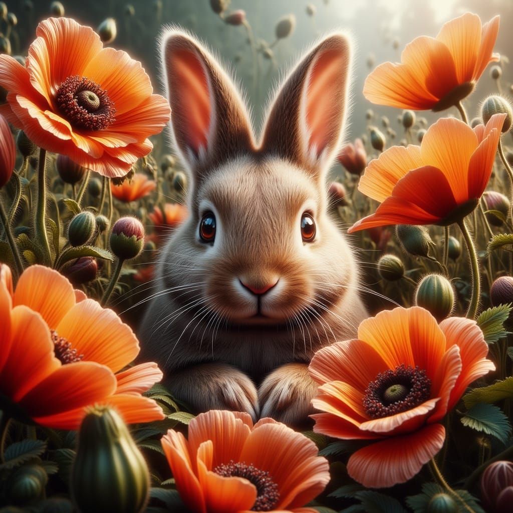 Hyper-Detailed Bunny Among Giant Poppies