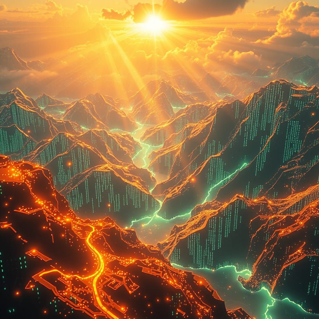 Digital Code World Illuminated by Divine Sunshine