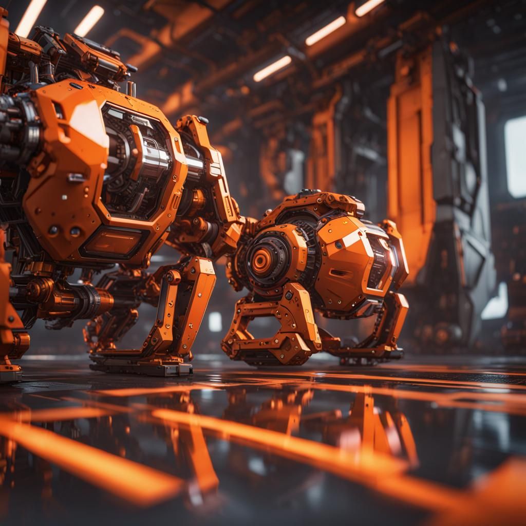 Futuristic Orange Mech in Sci-Fi Cinematic Style