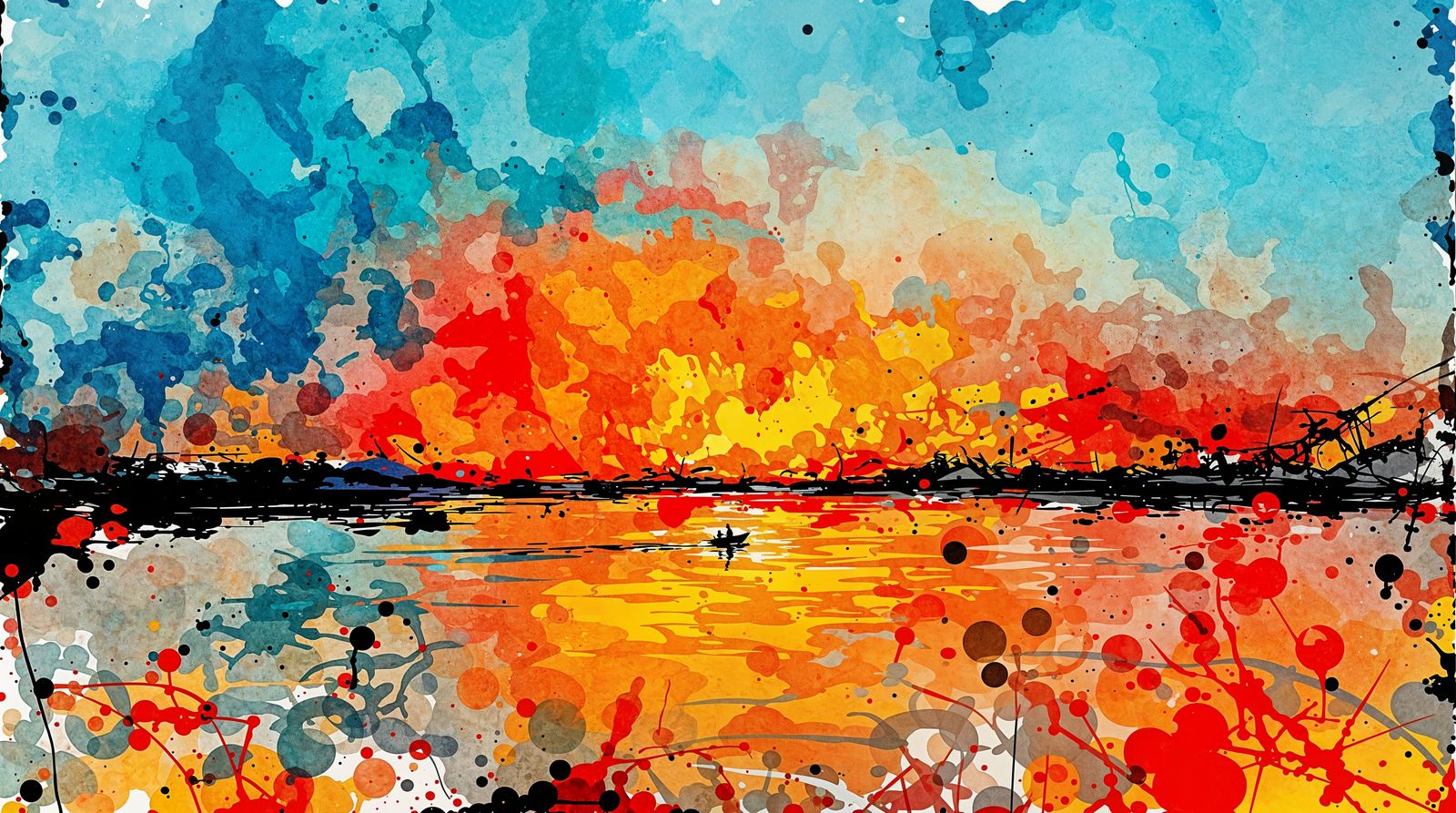 Expressive Sunset Scene in Spilled Ink Art