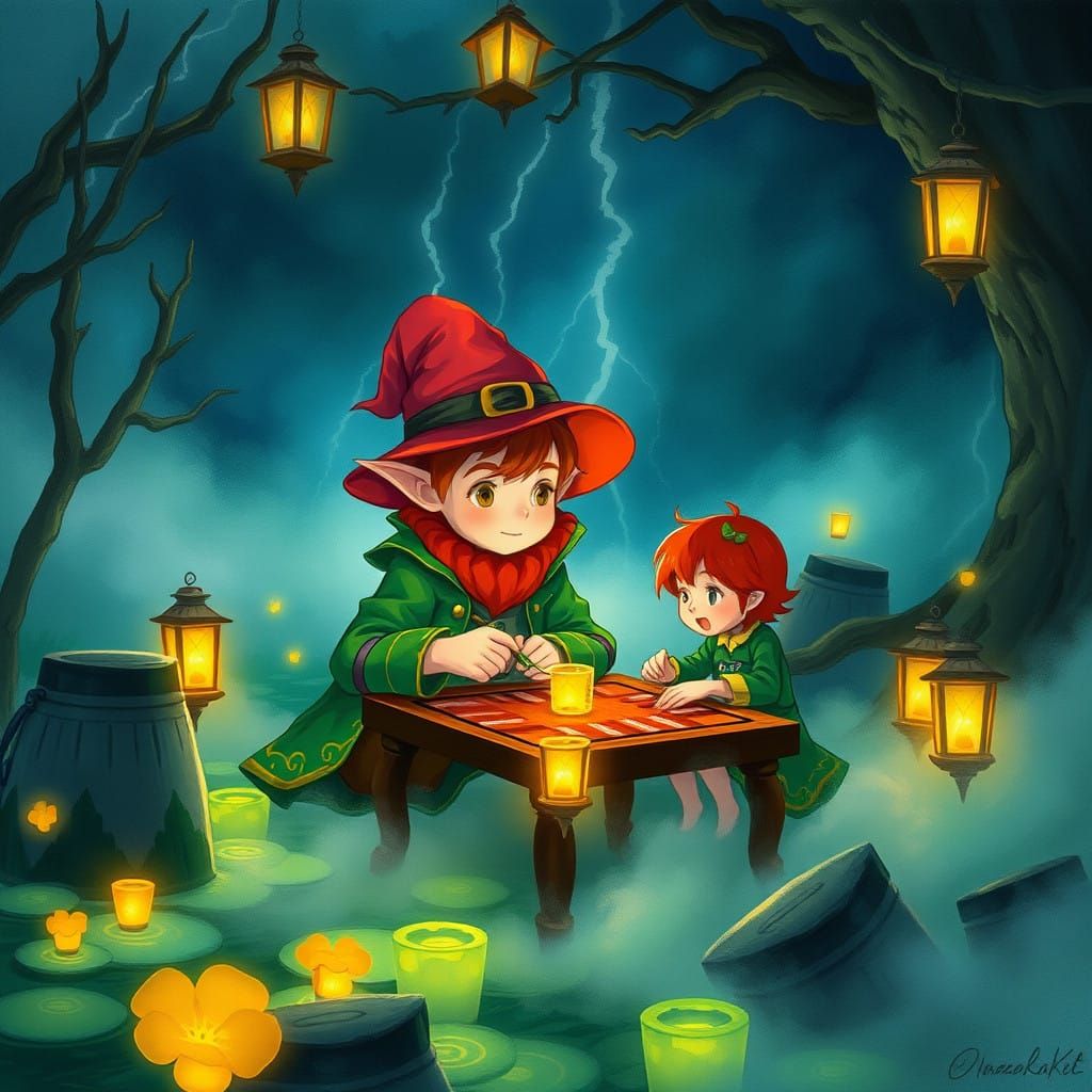 Anime-Inspired Scene of Leprechaun and Redhead Playing Backg...