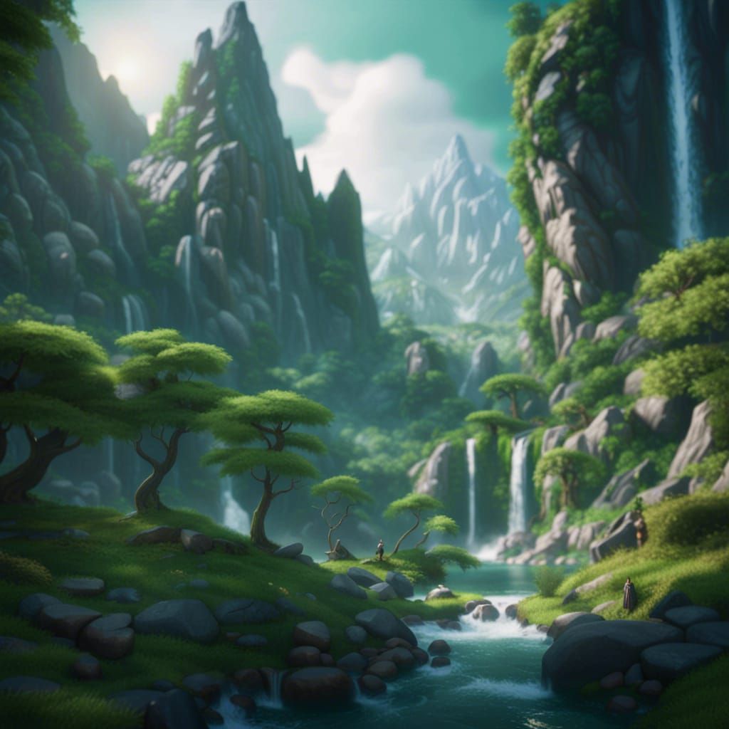Fantasy Landscape with Elves and Waterfall