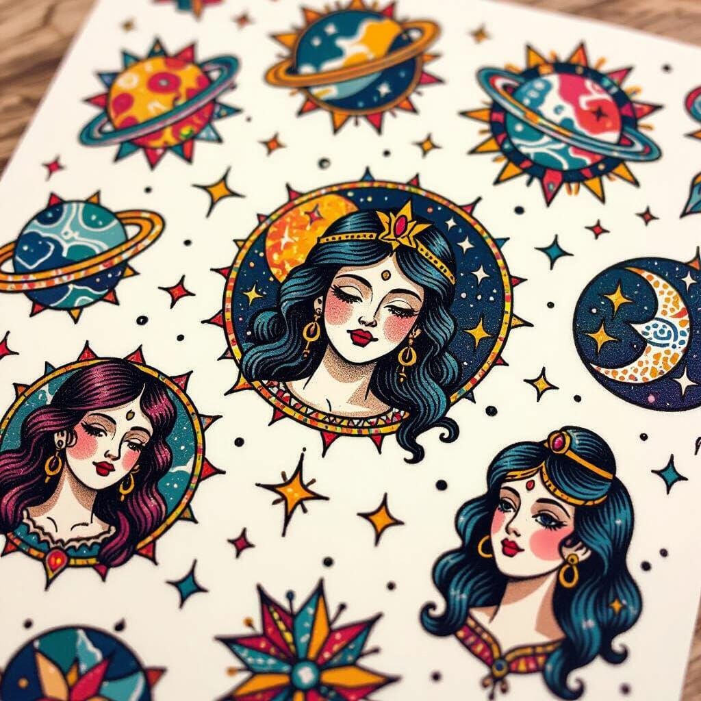 Ethereal Goddess Flash Tattoo Sheet in Traditional Style