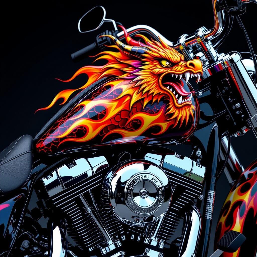 Dragon Motorcycle Tank with Airbrushed Flames