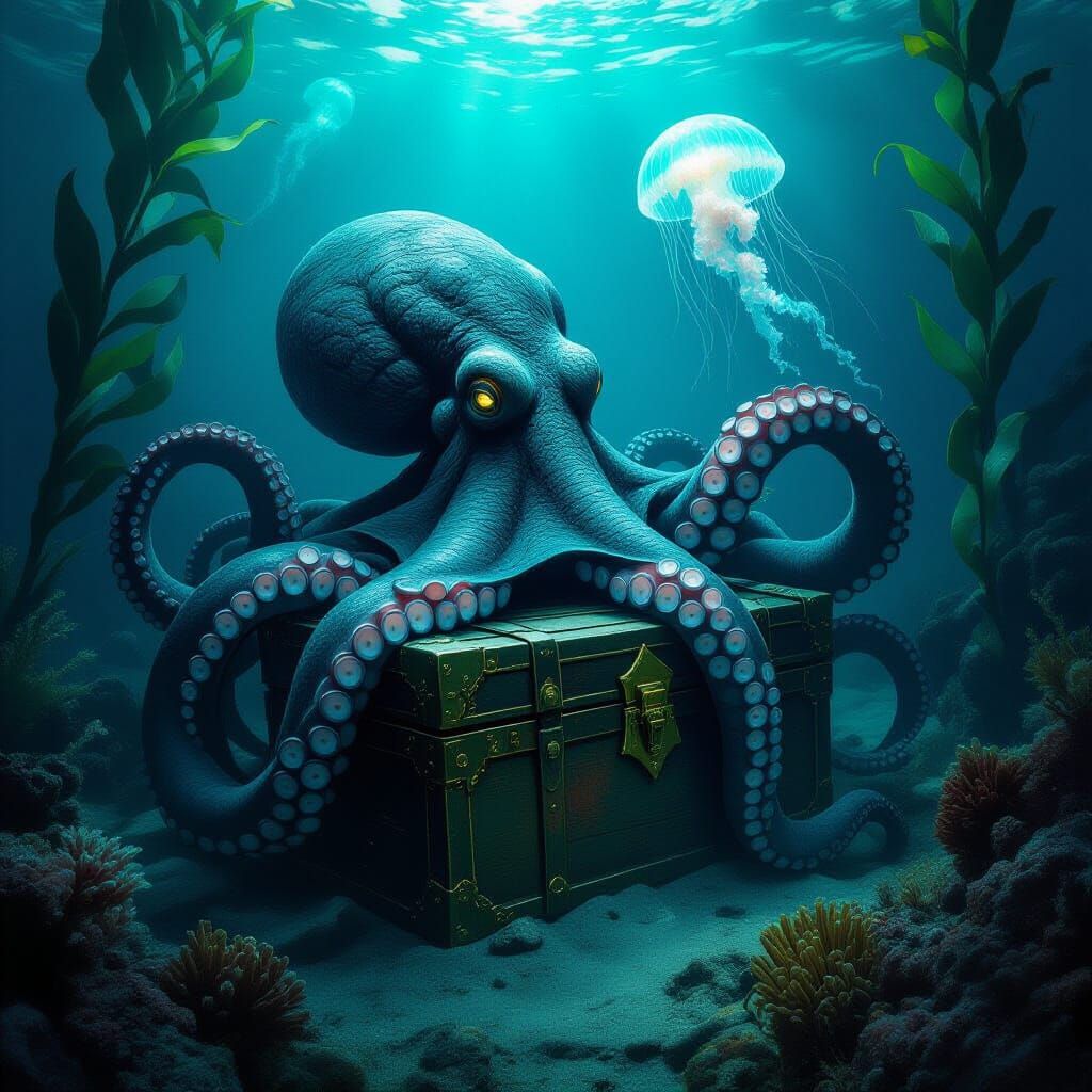 Octopus Guarding Treasure Chest in Dark Ocean