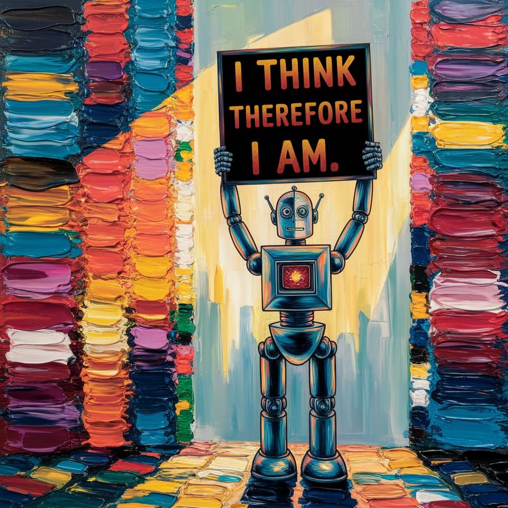 Robot Holding Sign in Neo-Impressionist Style
