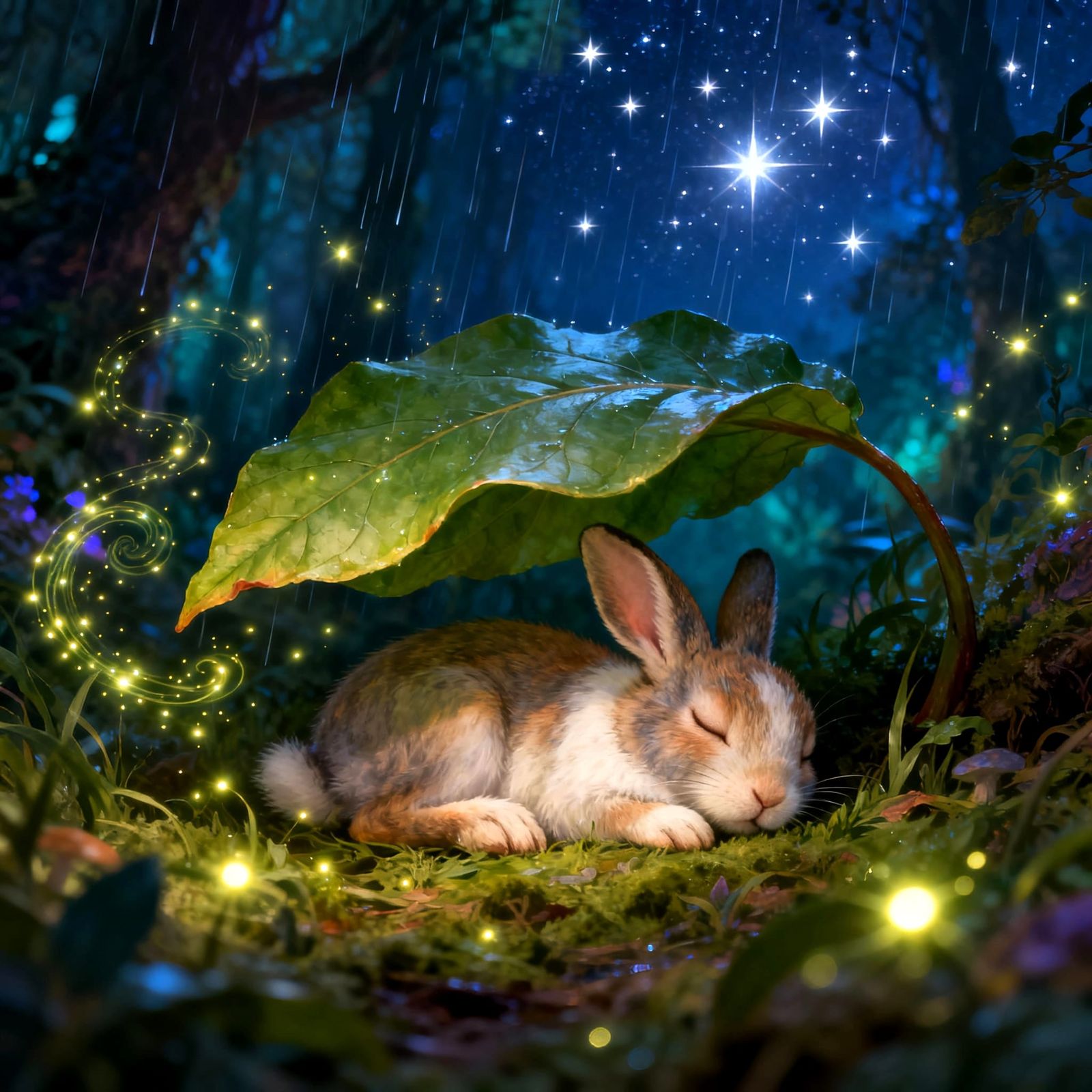 Sleepy Rabbit in Enchanted Forest Under Gentle Rain