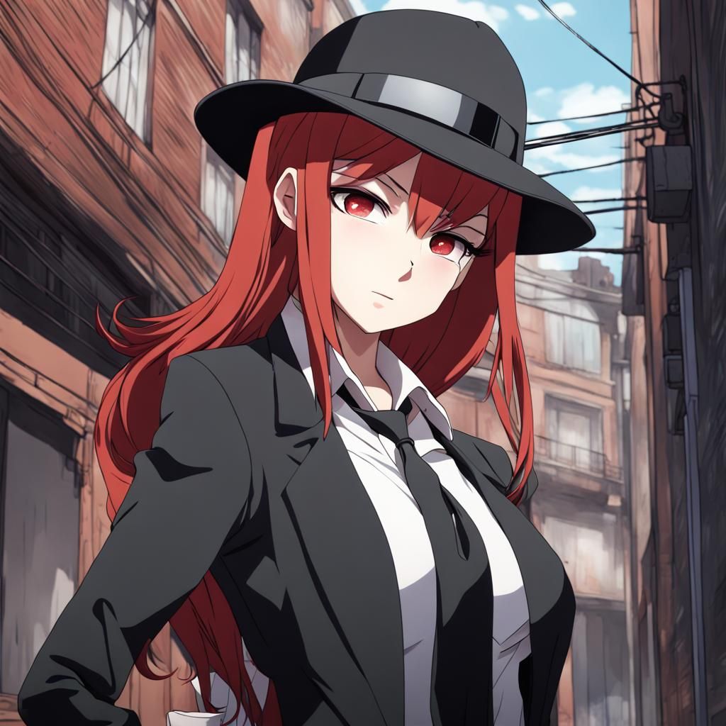 Anime Style Red-Haired Mafia Boss in Alley