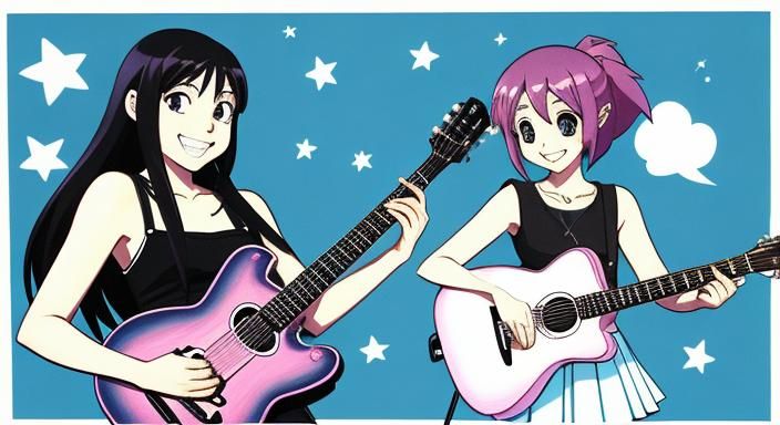 Two Happy Girls with Cartoon Guitar: Anime Style